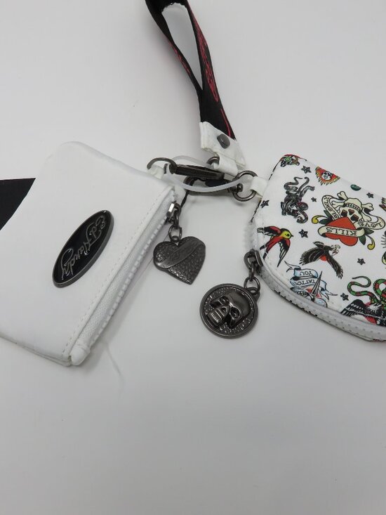 (#132) Ed Hardy 2 White/Multicolor mini wristlet wallet Zippered Keychain - Picture 4 of 6